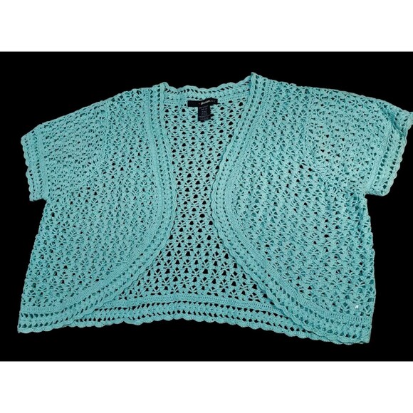Denim 24/7 Woman Plus 3X Turquoise Crochet Open Front Cardigan Ramie Sweater - Picture 1 of 9